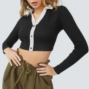 SHEIN COLLARED LONG SLEEVE CROP TOP, SIZE US 4, BLACK/WHITE
